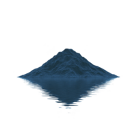 Serene mountain peak is reflected in calm water, creating symmetrical and tranquil scene. dark blue tones evoke sense of peace and solitude png