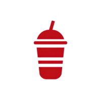 Red, stylized icon of takeaway cup with straw, representing beverage container, is depicted against plain background. design is simple and modern png