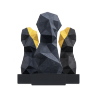 This features modern, abstract sculpture of three geometric figures with dark gray and gold color scheme. figures have faceted, angular design, creating contemporary and artistic appearance png