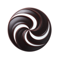 Round, glossy chocolate with swirling white pattern creates mesmerizing design. smooth surface and intricate swirl evoke sense of elegance and indulgence png