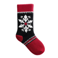 Cozy red and black sock with white snowflake pattern, perfect for winter warmth and festive cheer. knitted design adds touch of holiday spirit to any outfit png