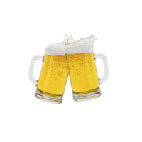 Two frothy beer mugs clinking together, creating splash, symbolize celebration and camaraderie. golden liquid and bubbles enhance festive mood, perfect for social gatherings png