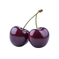 Two fresh cherries with stems are shown against transparency background, highlighting their glossy, deep red color and smooth texture. image captures cherries natural shine and vibrant appearance png