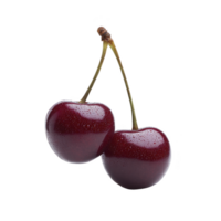 Two fresh cherries with water droplets on their surface are connected by their stems, showcasing their vibrant red color and glossy texture png