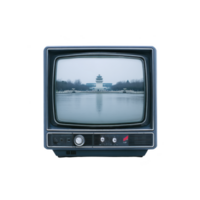 Vintage television displays serene image of lakeside building, evoking nostalgia and tranquility. retro design contrasts with peaceful scene, creating unique visual experience png