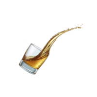 Glass of whiskey is captured mid air with dynamic splash, showcasing rich amber liquid against transparent background. motion conveys energy and elegance png