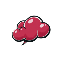 Red comic style speech bubble with glossy finish and halftone texture, resembling cloud, is depicted against transparent background. playful design evokes sense of fun and creativity png