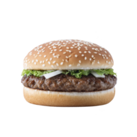 Juicy hamburger with sesame seed bun, lettuce, onions, and beef patty, isolated on transparency background. Perfect for fast food lovers and burger enthusiasts png