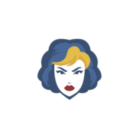 Stylized illustration of woman face with blue hair and yellow streak, featuring bold red lips and intense expression. design is simple and graphic, emphasizing contrast and color png