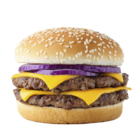 Delicious double cheeseburger with sesame seed bun, two beef patties, melted cheese, and slices of red onion. juicy layers create mouthwatering and satisfying meal png