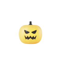 Glowing yellow pumpkin with black stem and menacing carved face, featuring sharp eyes and jagged mouth, stands out against plain background png
