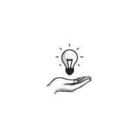 Hand gently cradles glowing light bulb, symbolizing innovation and creativity. minimalist black and white design conveys sense of simplicity and inspiration png