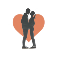 Silhouette of couple standing closely in front of large orange heart, conveying love and romance. figures are facing each other, suggesting intimacy and connection png