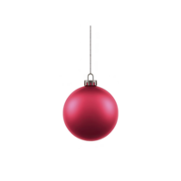 Shiny red Christmas ornament hangs from silver string, capturing festive spirit. smooth, glossy surface reflects light, adding touch of elegance to holiday decor png
