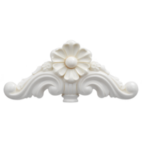 Ornate white decorative element features central floral motif with intricate scrollwork on either side, showcasing elegant craftsmanship. design is symmetrical and exudes classic aesthetic png