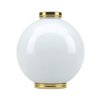 Round, glossy white vase with gold accents on top and bottom edges, reflecting light elegantly. minimalist design and smooth surface create modern and luxurious feel png