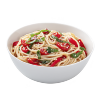 Bowl of delicious spaghetti is topped with vibrant red bell peppers, fresh green spinach, and sprinkled with sesame seeds, creating colorful and appetizing dish png