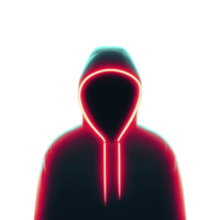 Mysterious figure in glowing neon hoodie stands against transparency background, creating enigmatic and futuristic atmosphere. vibrant colors highlight silhouette, adding intrigue png