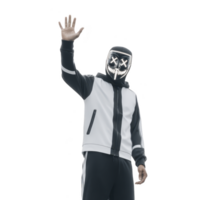 Person wearing glowing mask with stitched smile and cross eyes raises hand friendly gesture. individual is dressed black and white hoodie and matching pants, creating mysterious yet approachable png