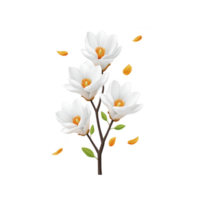 White magnolia flowers with green leaves and falling petals on branch, isolated on transparency background, evoke sense of elegance and tranquility png