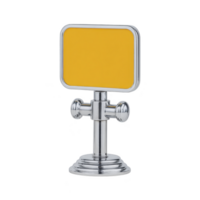 Sleek, modern metal sign holder with vibrant yellow rectangular sign, featuring polished chrome finish and sturdy base, perfect for displaying messages or directions png