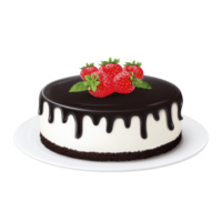 Delicious chocolate cake with white frosting and glossy chocolate drip is topped with fresh strawberries and mint leaves, creating visually appealing dessert png