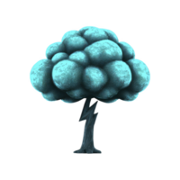 Stylized illustration of tree with cloud like canopy and lightning bolt trunk, symbolizing nature and energy. blue hues create surreal and imaginative atmosphere png