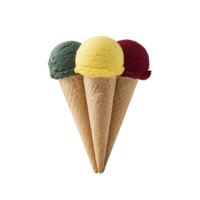 Three colorful ice cream cones with scoops of yellow, green, and red flavors are arranged together, creating vibrant and appetizing display. cones are crisp and perfectly shaped png