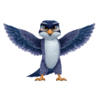 Cartoon owl with blue and white feathers stands with wings spread wide, displaying confident and expressive demeanor. owl detailed plumage and intense gaze add character to illustration png