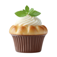 Delicious cupcake with creamy frosting and mint garnish sits in chocolate colored wrapper, creating delightful and appetizing treat png