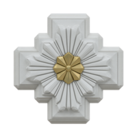 Decorative white and gold emblem with central star design, featuring intricate geometric patterns and metallic finish, creating elegant and sophisticated appearance png