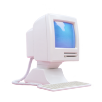 Retro style computer with CRT monitor and keyboard evokes nostalgia. vintage design features curved screen and wired keyboard, reminiscent of early personal computers png