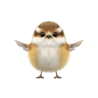 Cute, fluffy bird with round eyes and small wings stands with cheerful expression. Its soft brown and white feathers give it adorable appearance, resembling cartoon character png