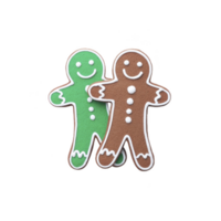 Two smiling gingerbread cookies, one green and one brown, with white icing details, are placed side by side on transparency background. cookies have festive and cheerful appearance png