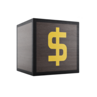 Wooden cube with prominent yellow dollar sign on its side, symbolizing finance or wealth. cube texture and color contrast with bright symbol, creating striking visual png