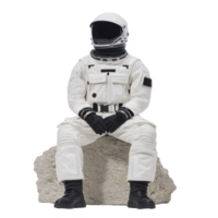 Astronaut in white spacesuit sits on rock, evoking sense of exploration and adventure. suit features black gloves and boots, with reflective helmet png