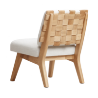 Modern wooden chair with woven backrest and cushioned seat, showcasing minimalist design. light wood and neutral fabric create stylish and comfortable seating option png