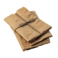 Stack of vintage brown paper tied with rustic string, evoking sense of nostalgia and history. crumpled texture adds antique charm, perfect for creative projects png