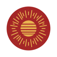 Circular design features stylized sun with radiating lines on red background, symbolizing warmth and energy. sun is depicted in yellow with horizontal stripes, creating vibrant contrast png