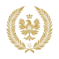 Golden laurel wreath encircling double headed eagle emblem with crown, symbolizing power and prestige. intricate design features detailed feathers and regal elements png