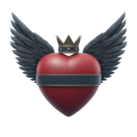 Red heart with crown and black wings symbolizes love and power. heart is adorned with metallic band, adding touch of elegance and strength to design png