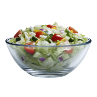 Fresh and vibrant salad in glass bowl features crisp lettuce, juicy cherry tomatoes, diced cucumbers, and red onions, creating colorful and healthy dish png