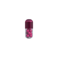 Single transparent capsule containing small pink spheres is centered on transparency background, showcasing minimalist and modern design png