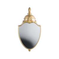 Ornate, gold framed mirror with decorative top finial and elegant curves, reflecting classic and luxurious style. mirror design adds sophistication to any interior png