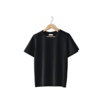 Plain black t shirt is displayed on wooden hanger against transparency background, showcasing its simple and classic design. shirt minimalist style is suitable for various casual occasions png