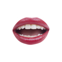 Close up of mouth with red lipstick, showing white teeth and smile, isolated on transparency background. image highlights vibrant color and texture of lips png