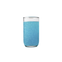 Clear glass filled with sparkling blue liquid, showcasing bubbles and refreshing appearance. vibrant color and effervescence suggest fizzy, refreshing drink png