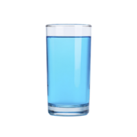 Clear glass filled with blue liquid stands against plain background, showcasing its transparent and reflective properties. vibrant color contrasts with simplicity of glass png