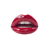 Glossy red lips with shiny finish, slightly parted to reveal white teeth, create bold and striking visual. vibrant color and smooth texture convey sense of glamour and allure png