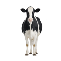 Black and white cow stands facing forward on plain background, showcasing its distinctive markings and calm demeanor png